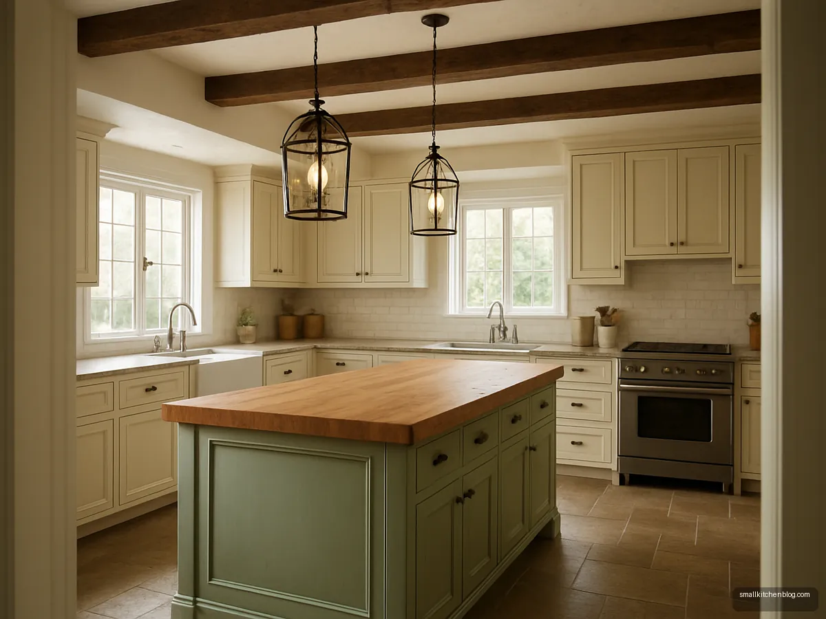 Farmhouse kitchen island with butcher block top