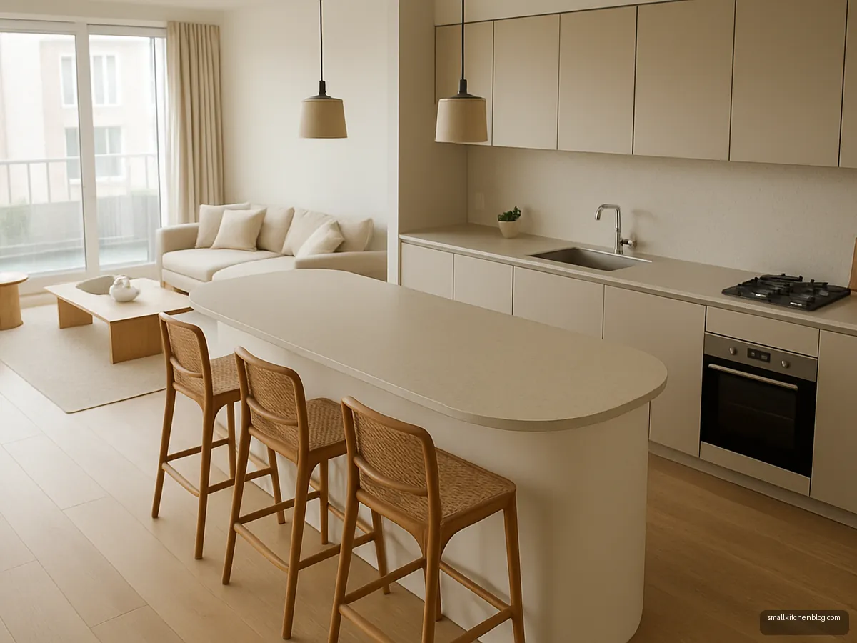 White curved end island in an open plan kitchen