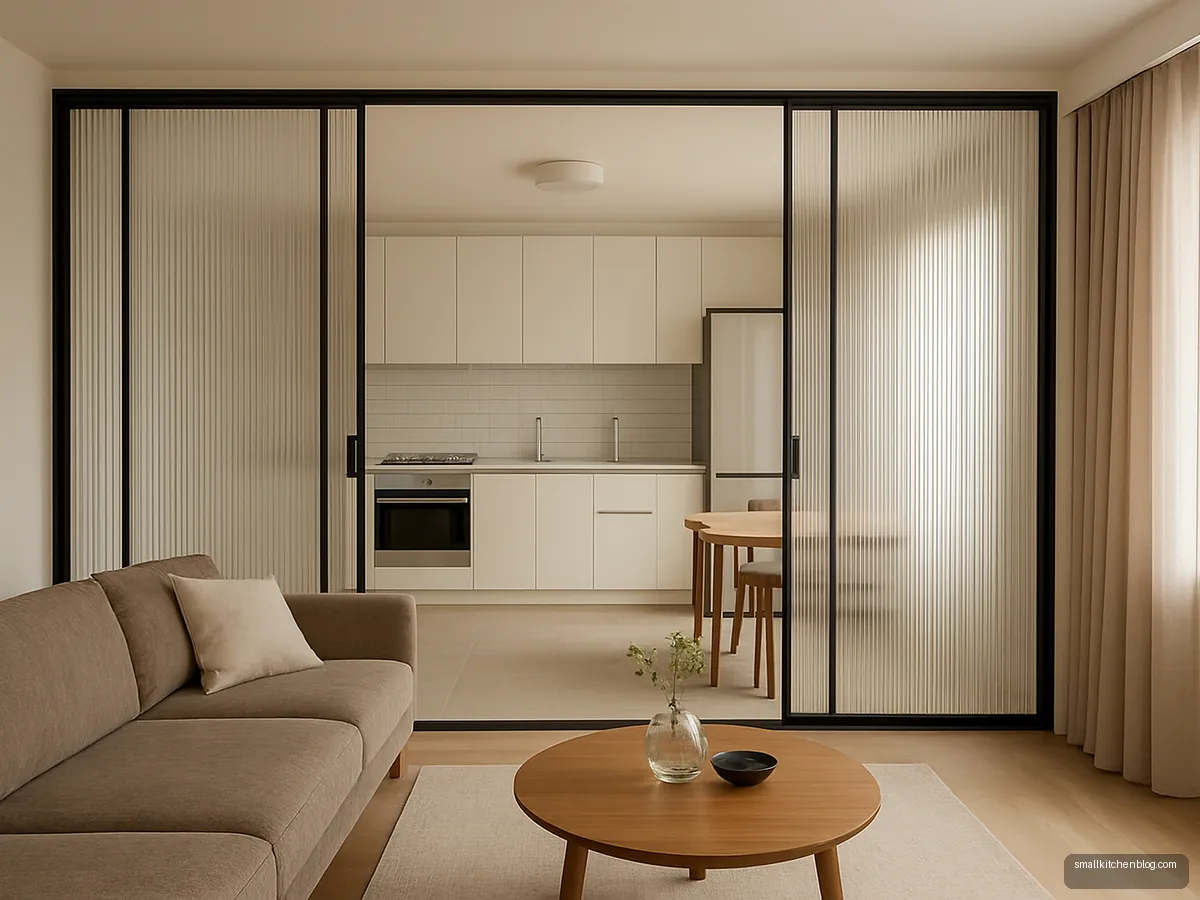 Fluted glass sliding partition between kitchen and hall