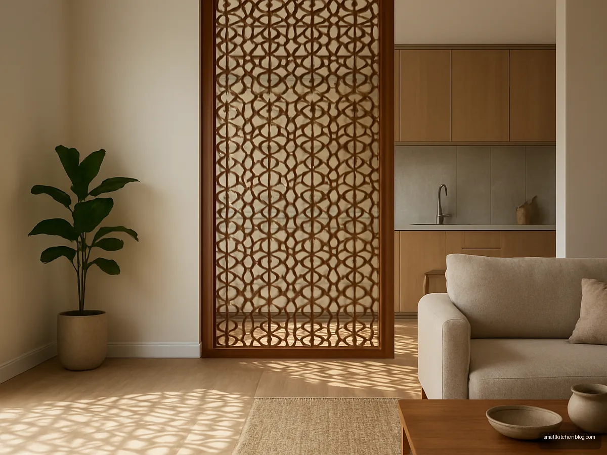Teak wooden jaali screen separating kitchen and hall