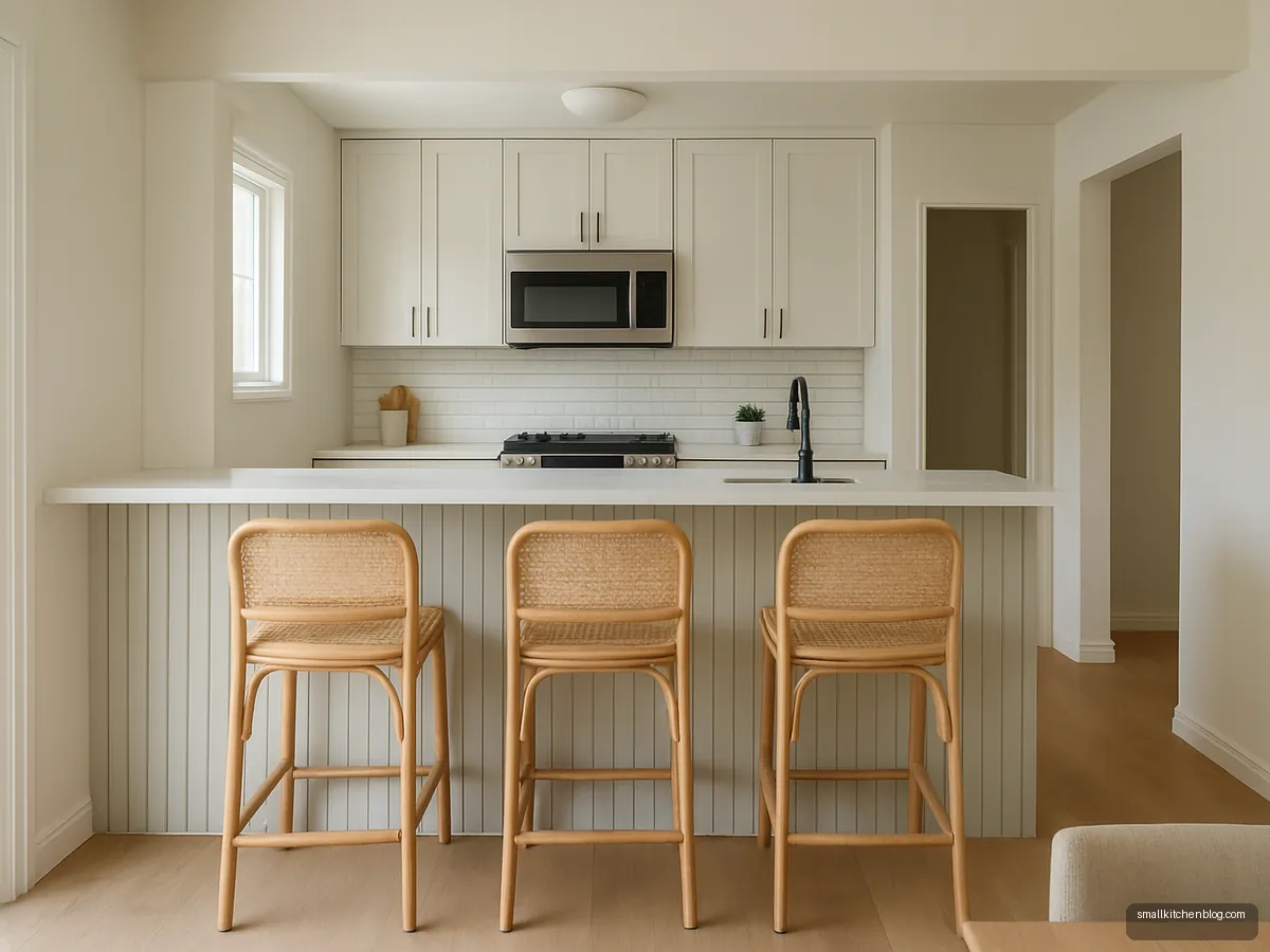Breakfast counter dividing kitchen and hall with cane stools