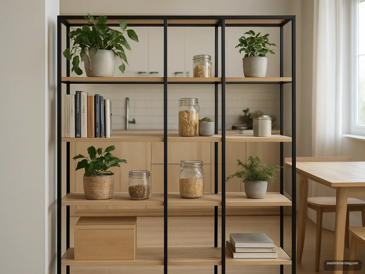 Black metal and oak open shelf room divider