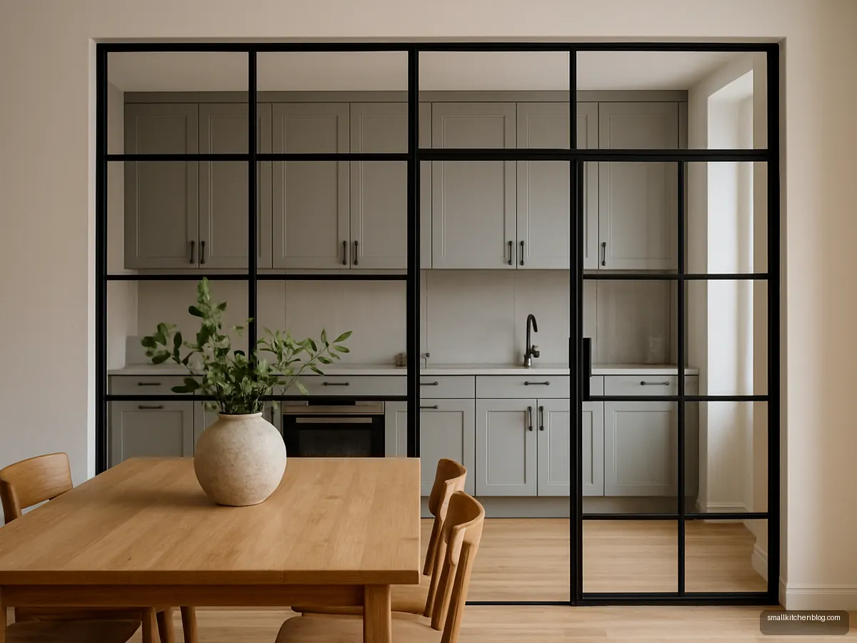 Black metal grid glass partition with hinged door