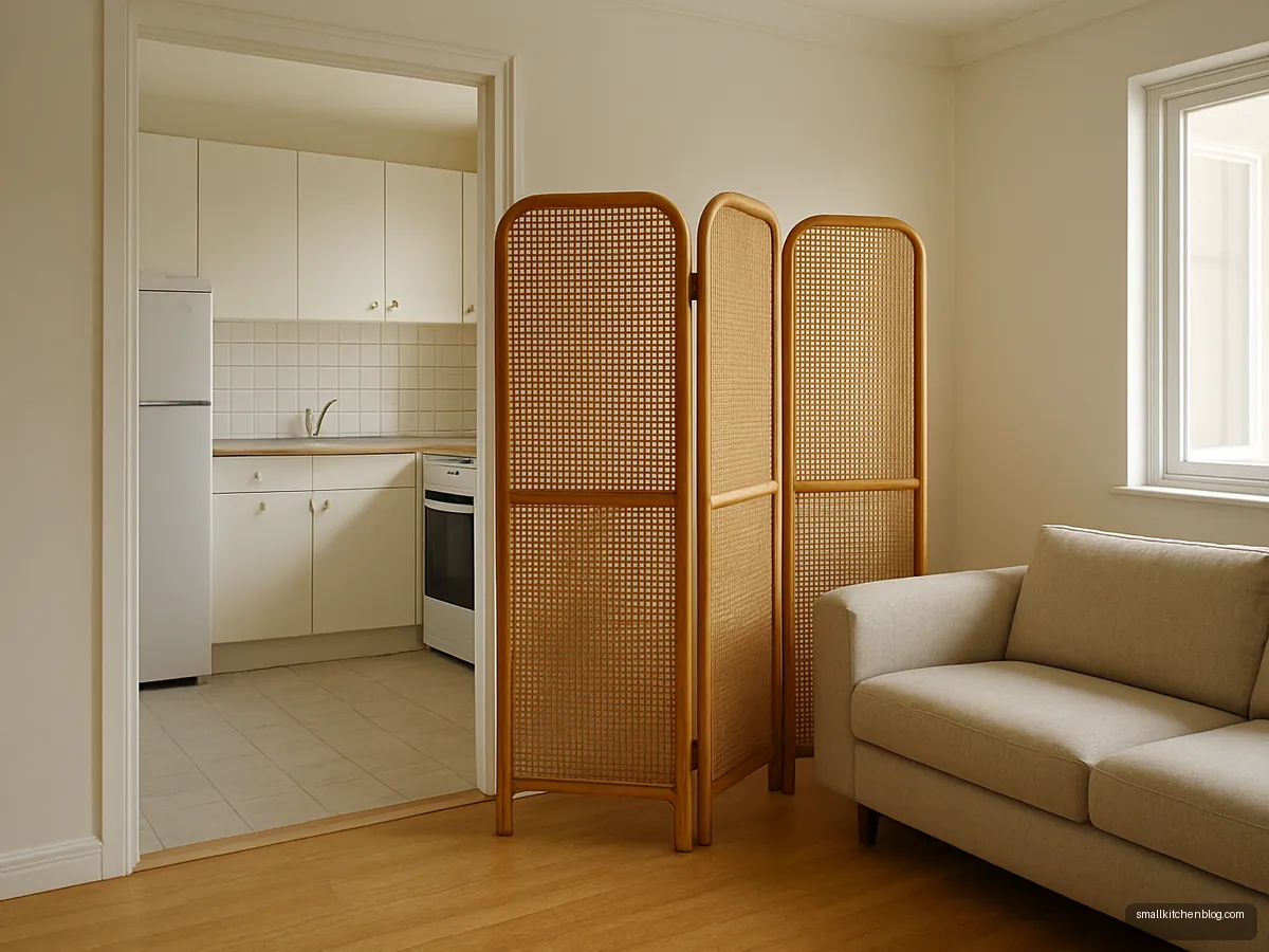 Folding cane screen between kitchen and living room