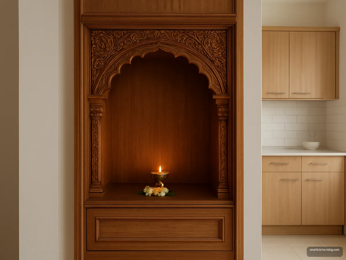Partition unit with a wooden pooja niche facing the hall
