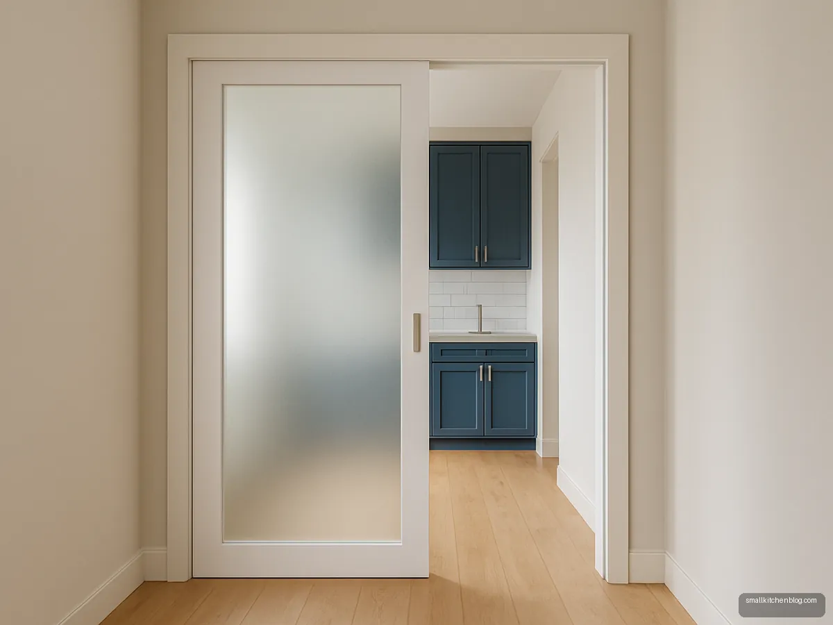 Frosted glass pocket door into a kitchen