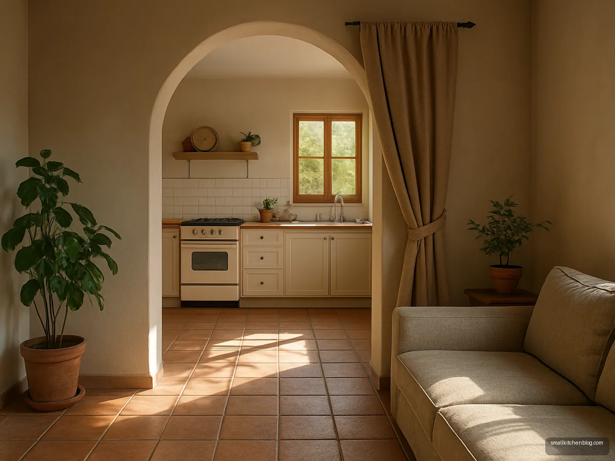 Arched kitchen opening with a beige cotton curtain