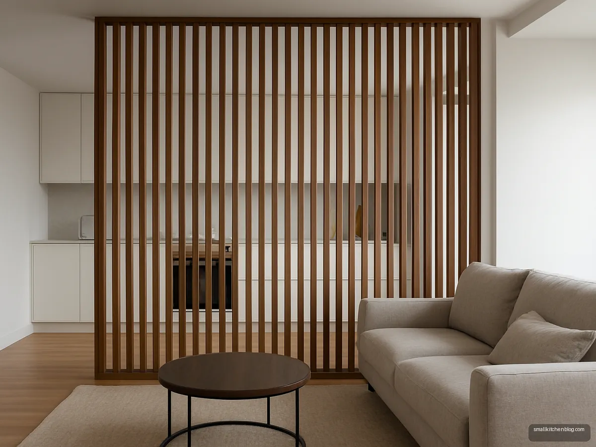 Vertical walnut slat partition beside an open kitchen