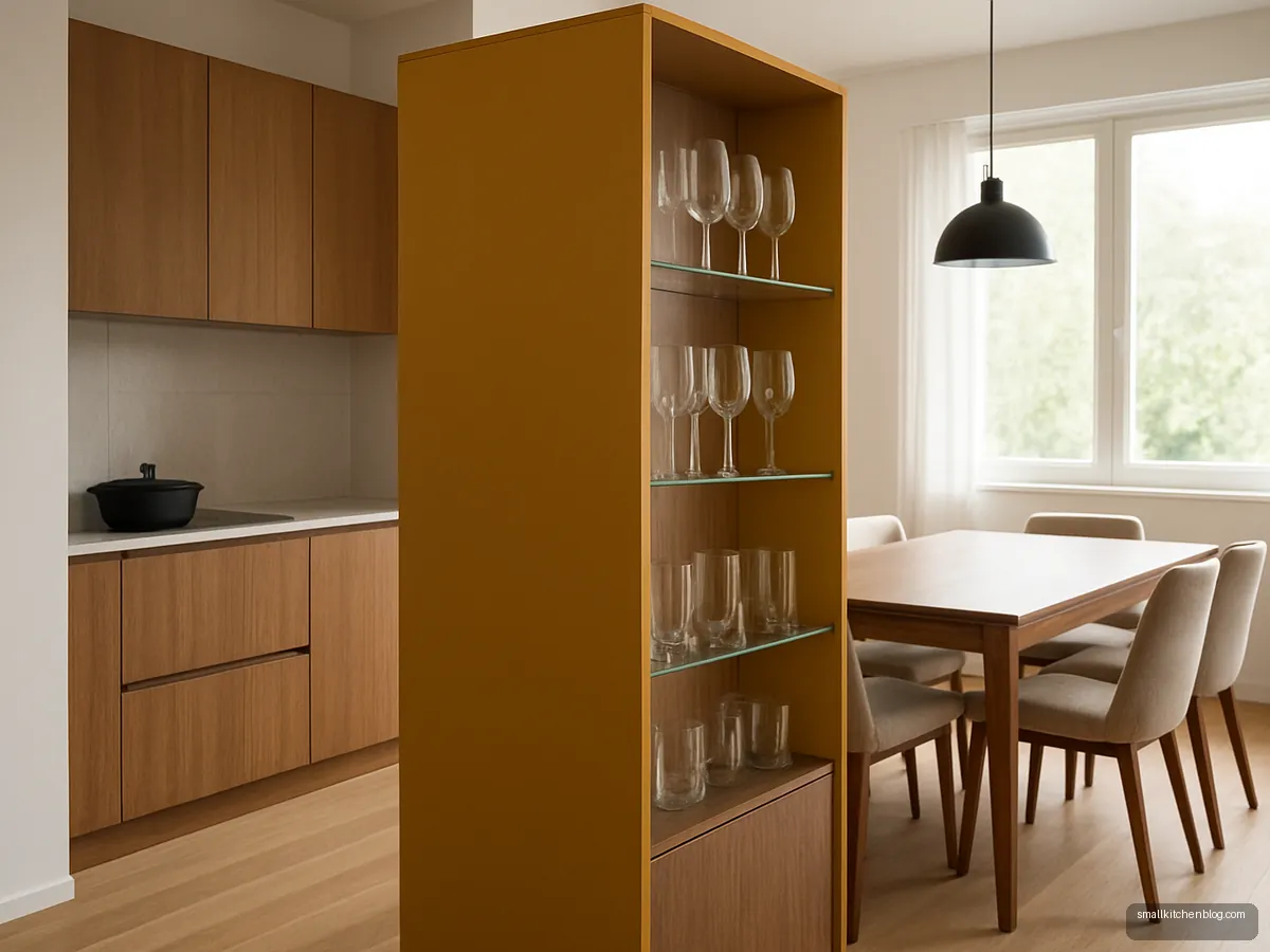 Tall crockery unit acting as a kitchen divider