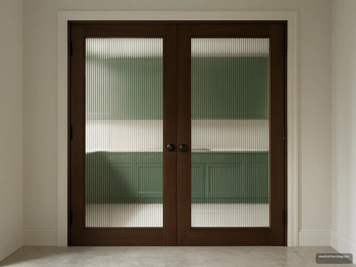 Reeded glass double swing doors into green kitchen