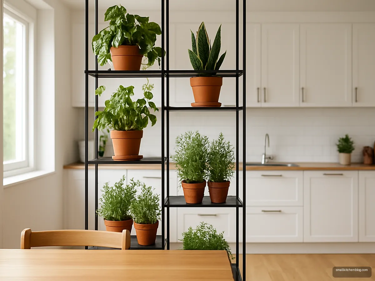 Plant shelf partition between kitchen and dining area
