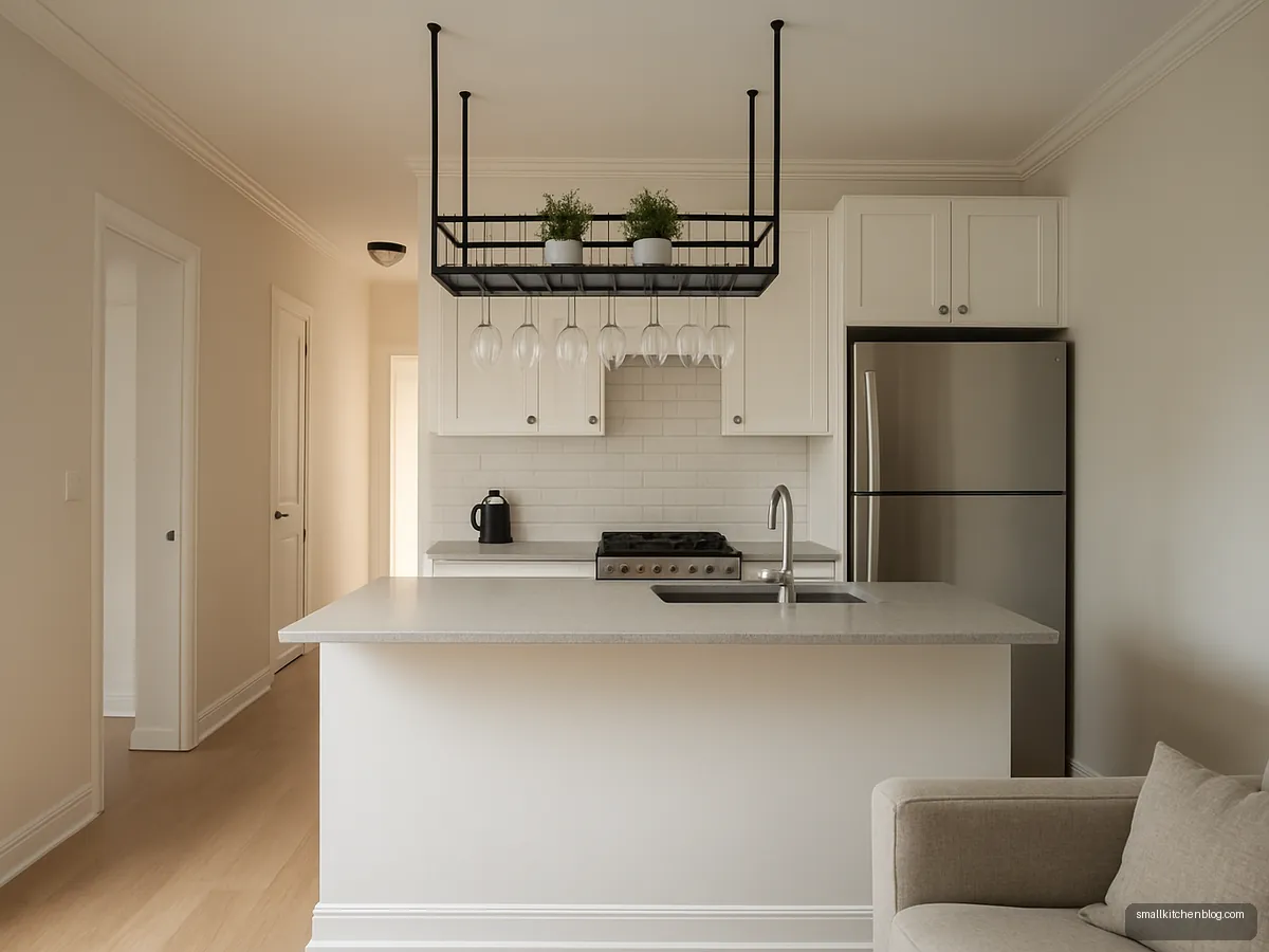 Peninsula with ceiling hung glass rack above