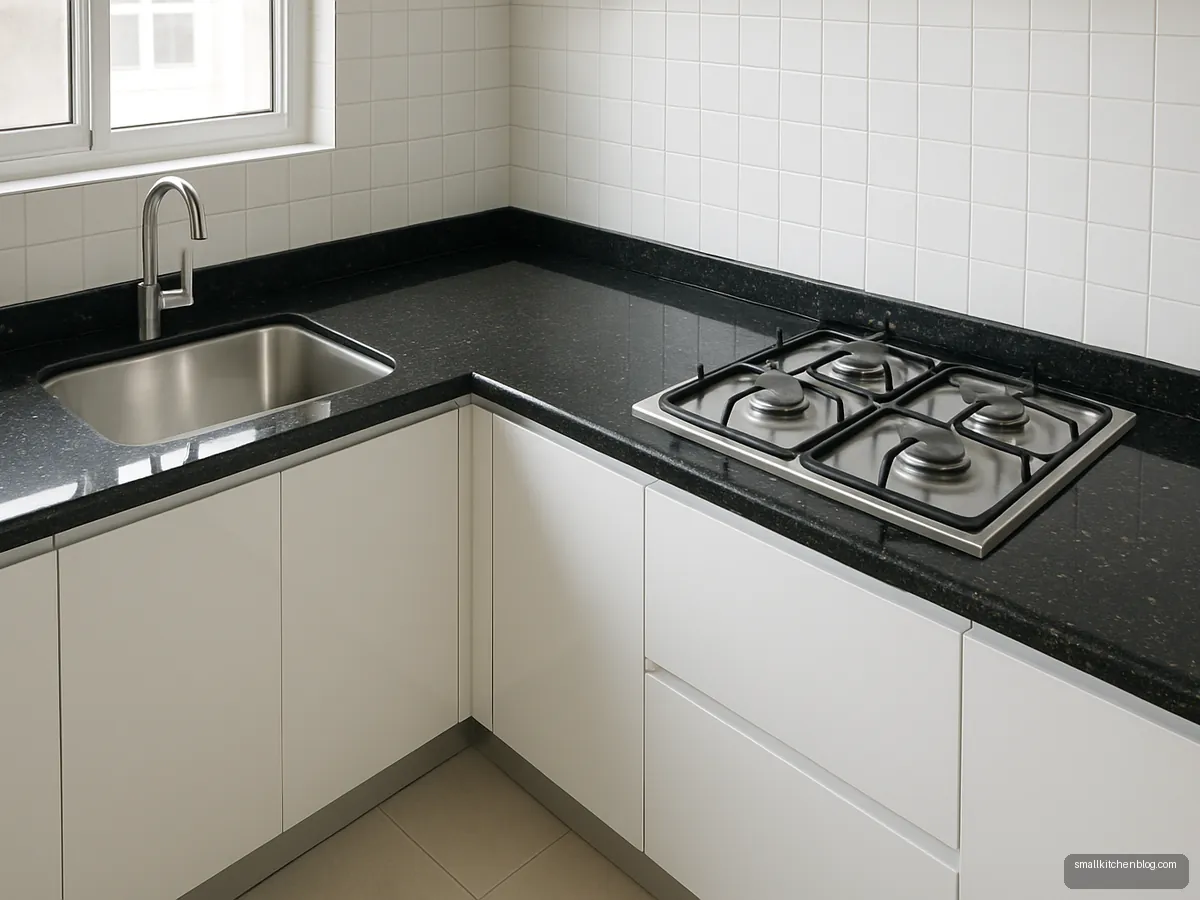 Black galaxy granite L-shaped kitchen platform