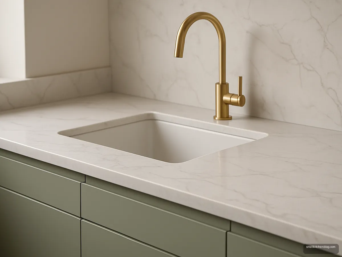 White Calacatta-look quartz platform with full backsplash