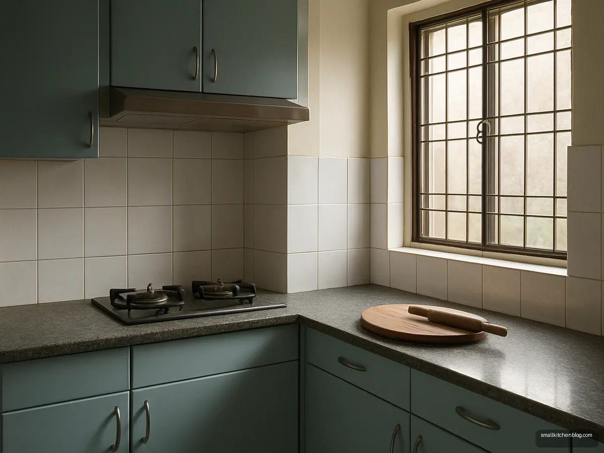 Lower-height grey granite kitchen platform with rolling board