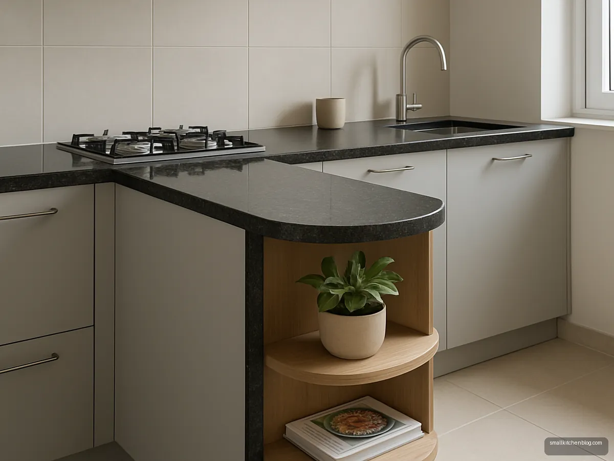 Granite platform side panel with rounded open end shelf