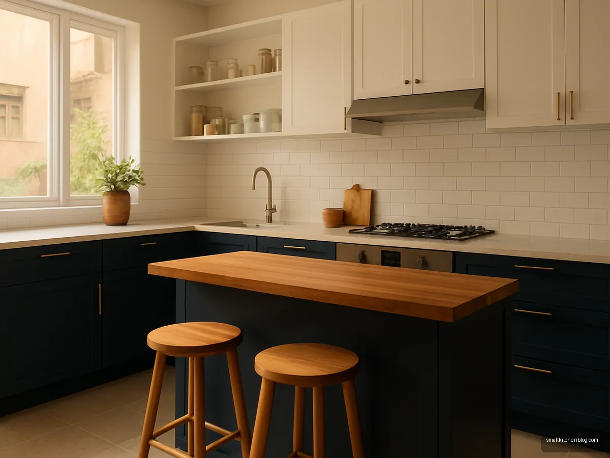 Wooden butcher-block breakfast section beside quartz platform