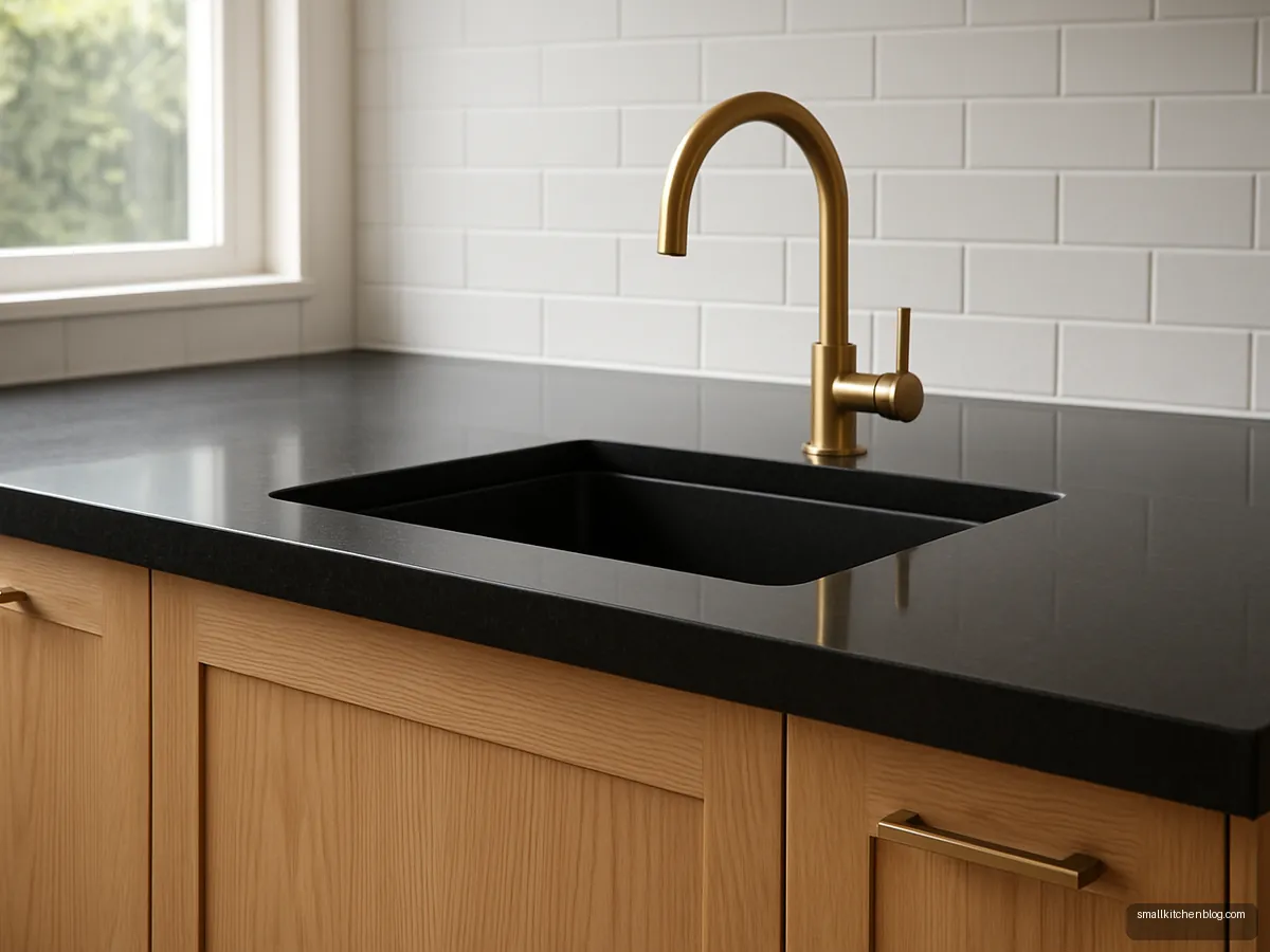 Jet black quartz platform with thick mitred edge