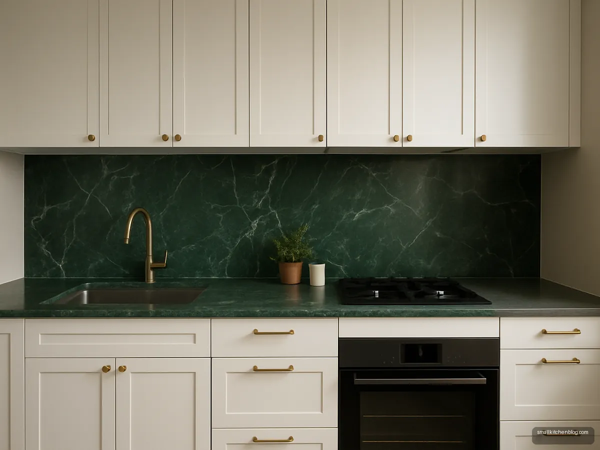 Green marble bar counter in a white kitchen
