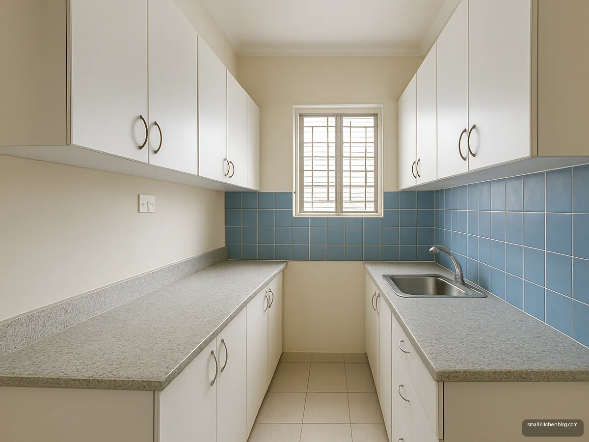 Off-white speckled granite platform in a budget kitchen