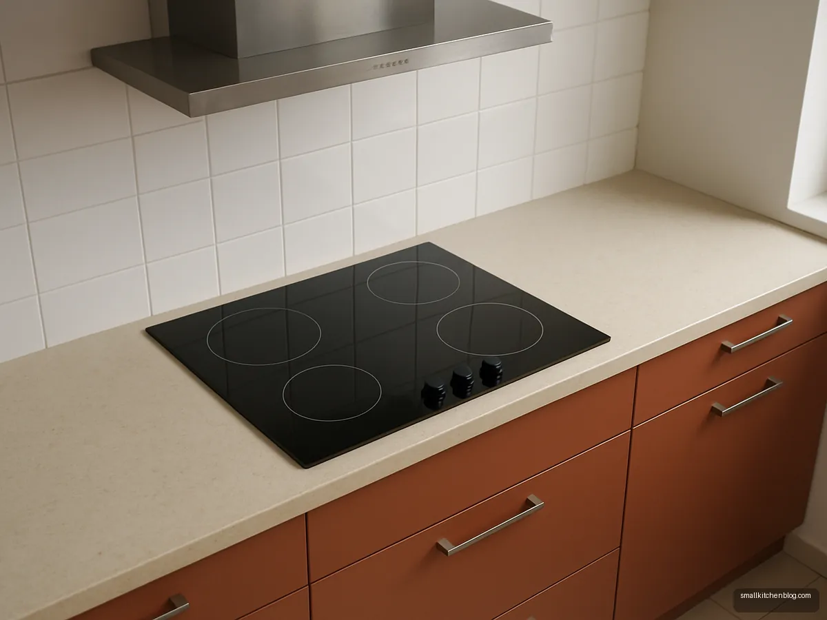 Beige quartz platform with flush built-in hob