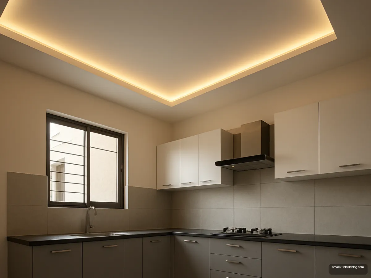 Flat white POP ceiling with a glowing perimeter cove in a kitchen