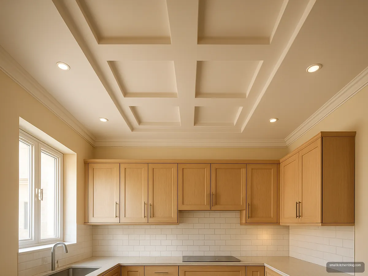 Plus minus POP ceiling with raised and recessed bands in a kitchen