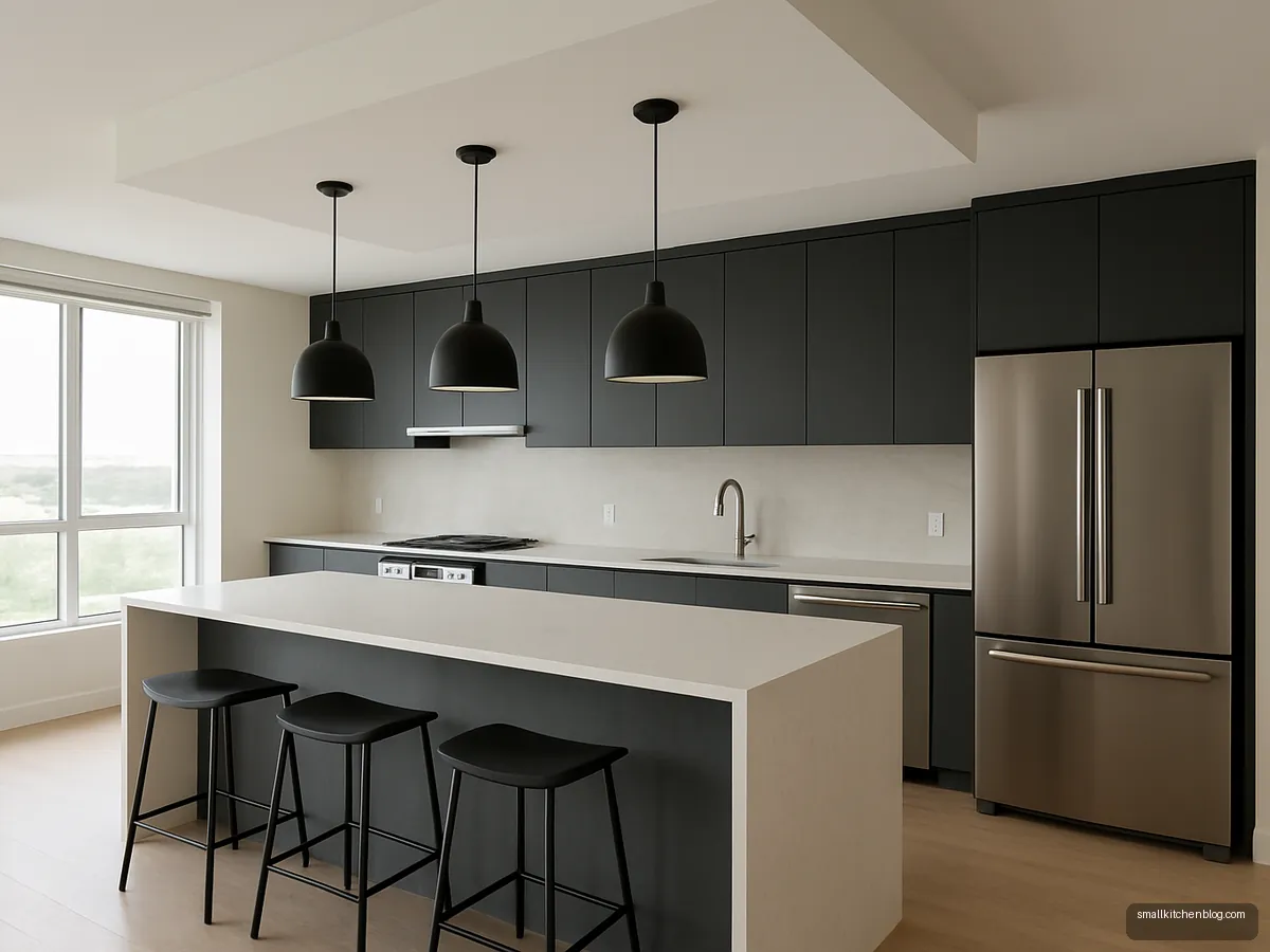 Lowered ceiling panel with black pendants above a kitchen island