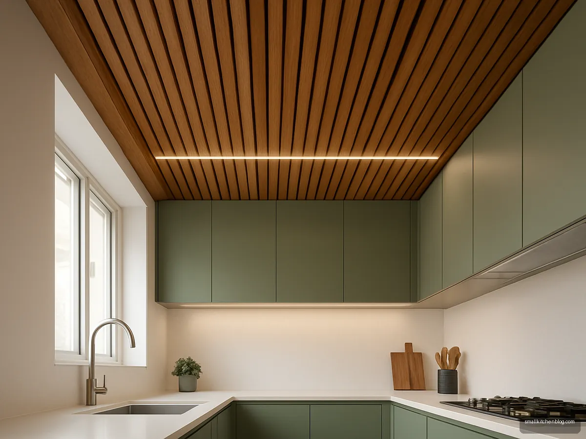 Teak-tone wooden slat ceiling strip with linear LED above a kitchen counter