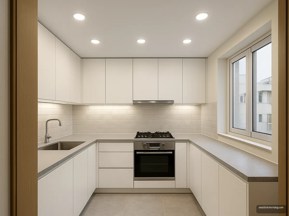 Flat white kitchen ceiling with six recessed downlights in a grid