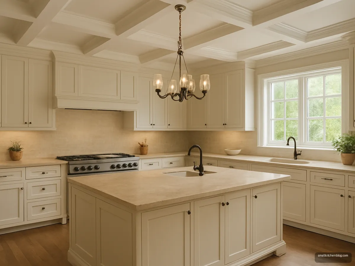 White coffered ceiling with pendant over a cream shaker kitchen
