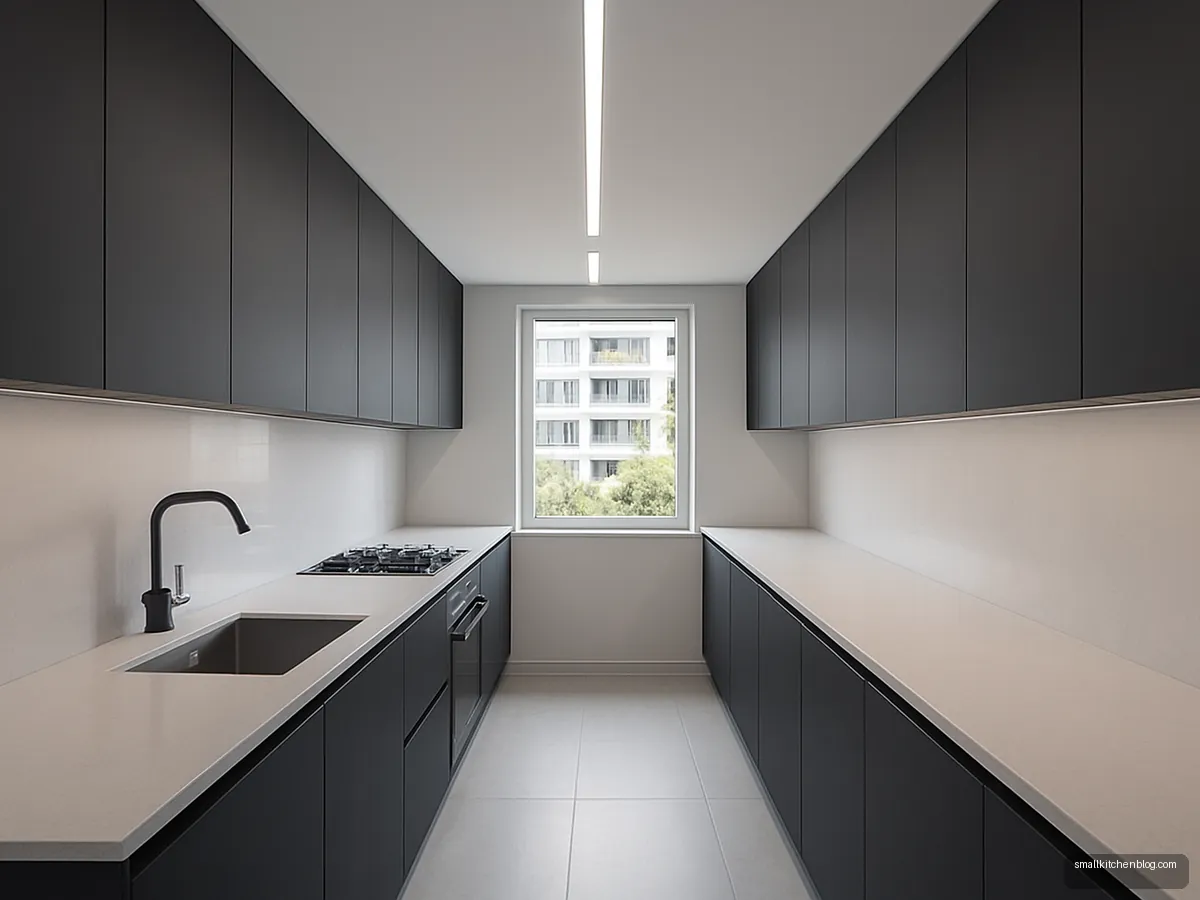 Linear recessed LED profiles in a white ceiling above a parallel kitchen