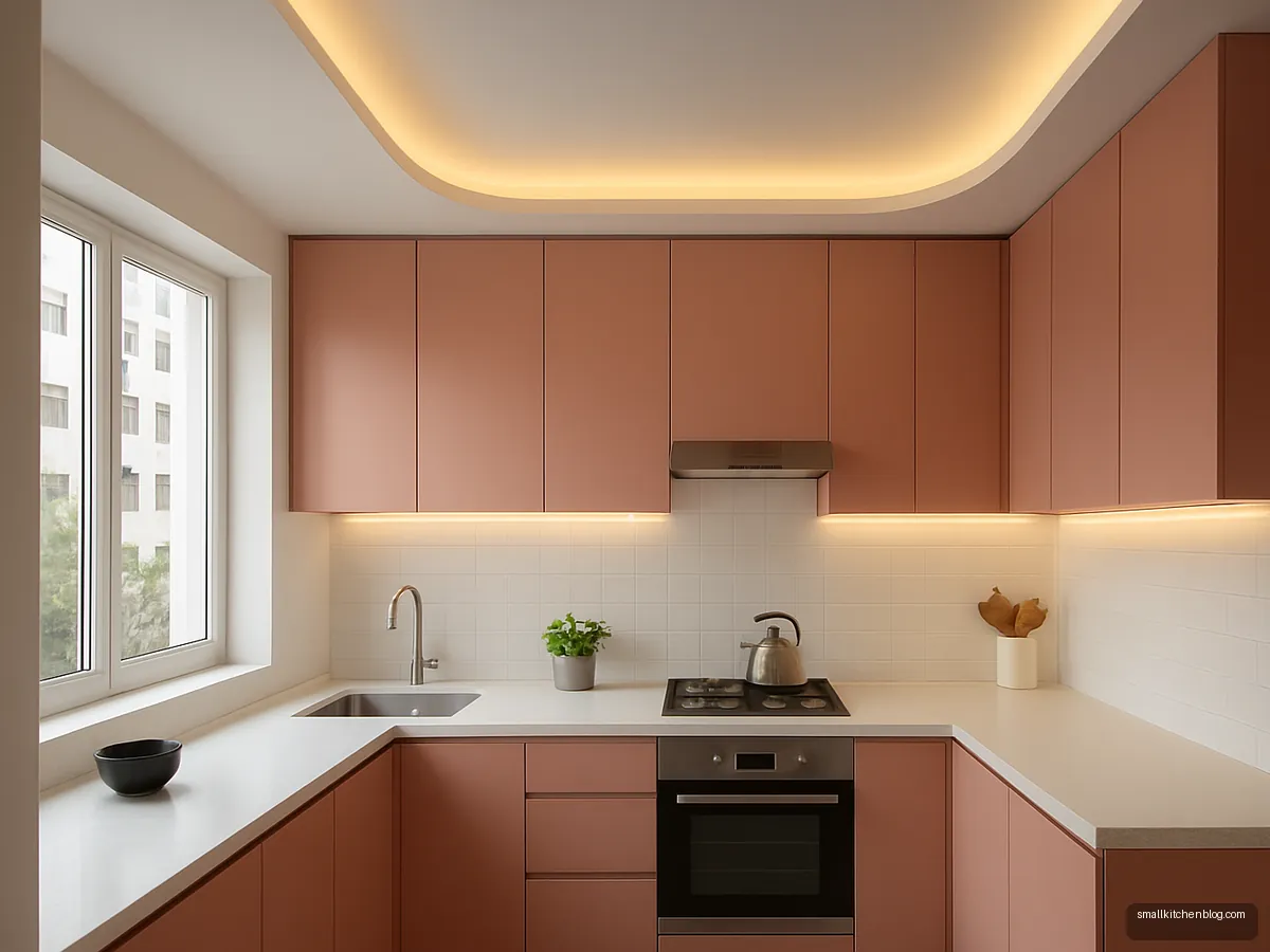 Gypsum ceiling with soft curved edge and hidden LED in a pink kitchen