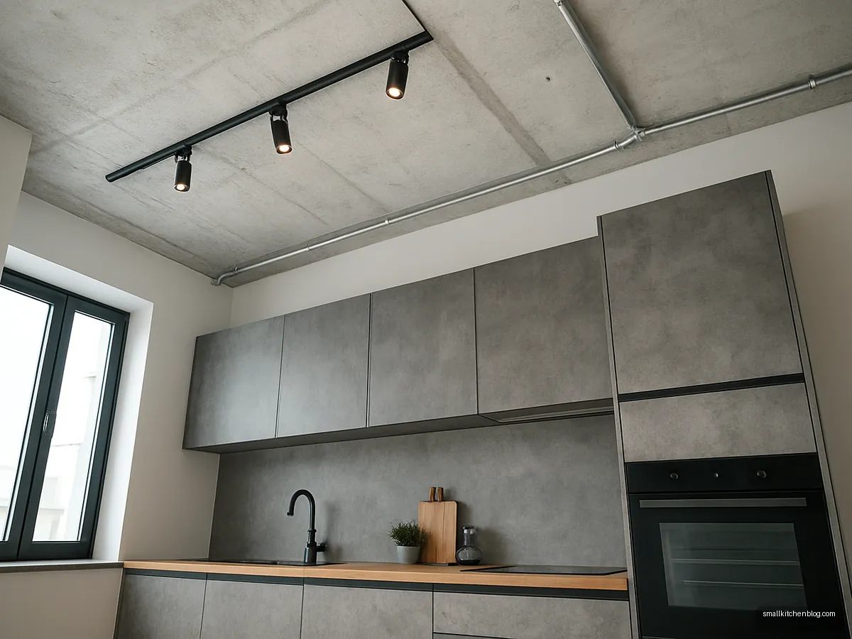 Kitchen with painted slab ceiling and black track lights