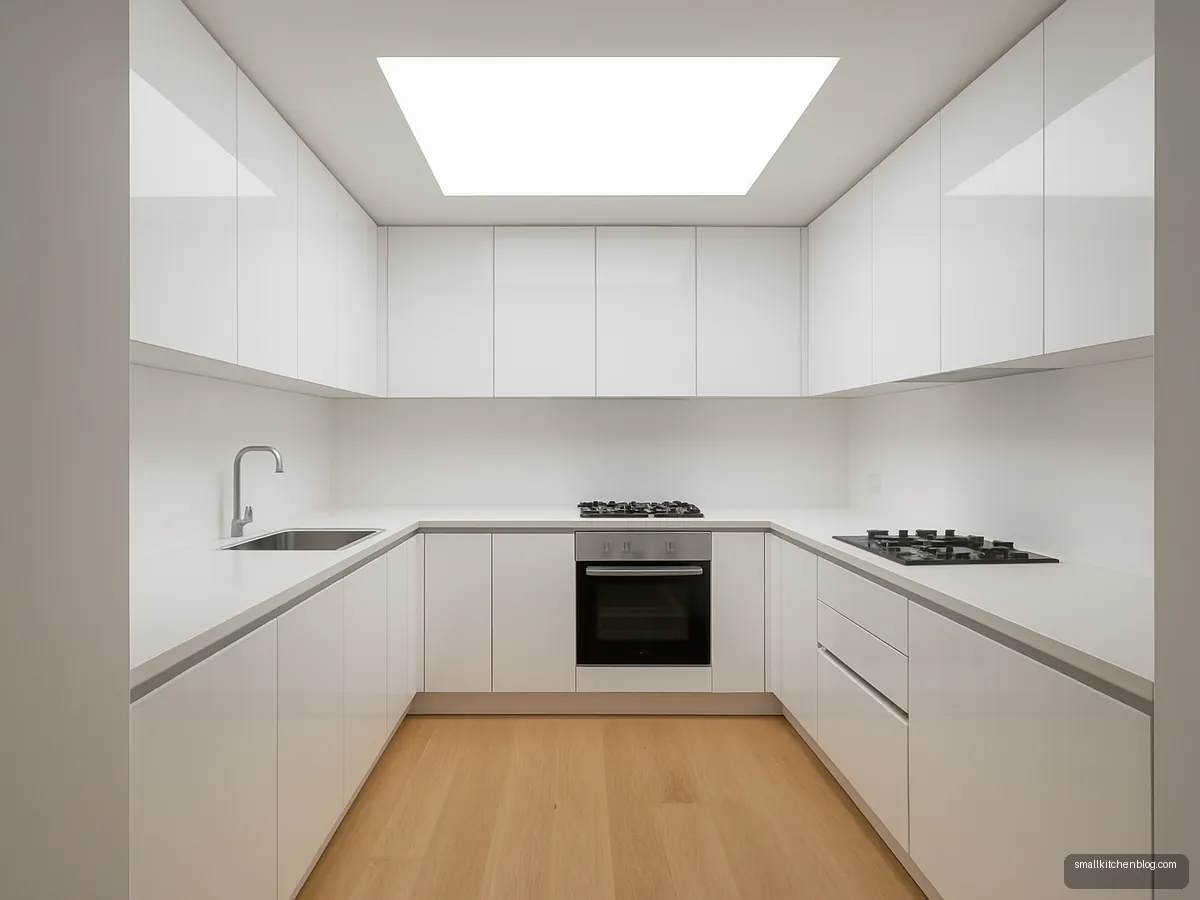 Large backlit ceiling panel lighting a windowless white kitchen