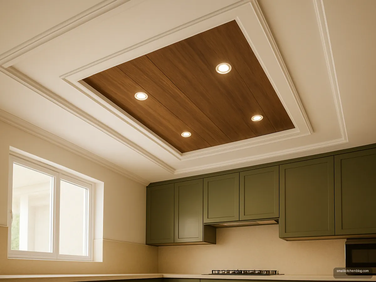 White POP ceiling with walnut wood inset over the cooking area