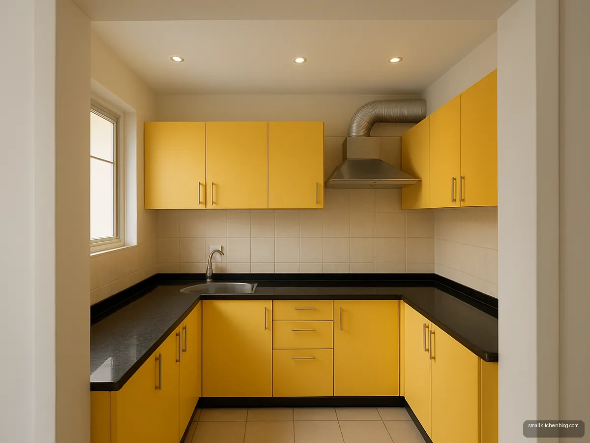 Small kitchen with a thin white POP border and four spotlights