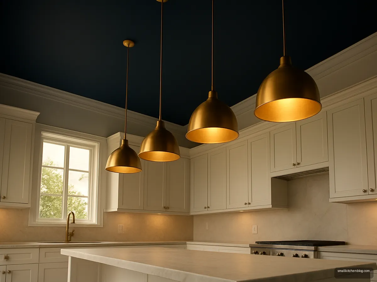 Kitchen with a navy painted ceiling and brass pendants
