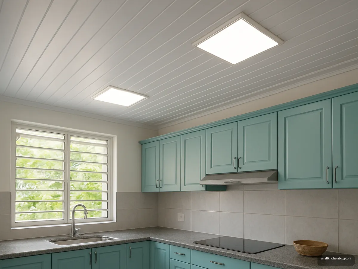 White grooved PVC panel kitchen ceiling with flush LED panels