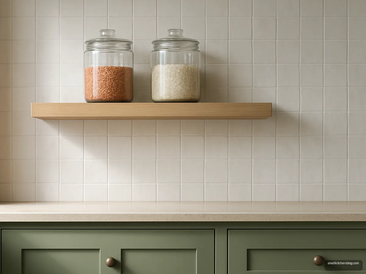 Floating oak shelves with glass jars above a kitchen counter