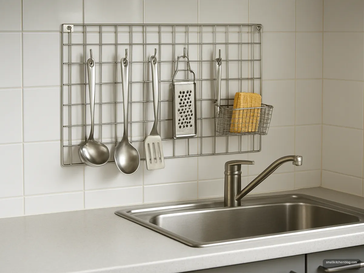 Stainless steel wall grid rack with utensils and baskets