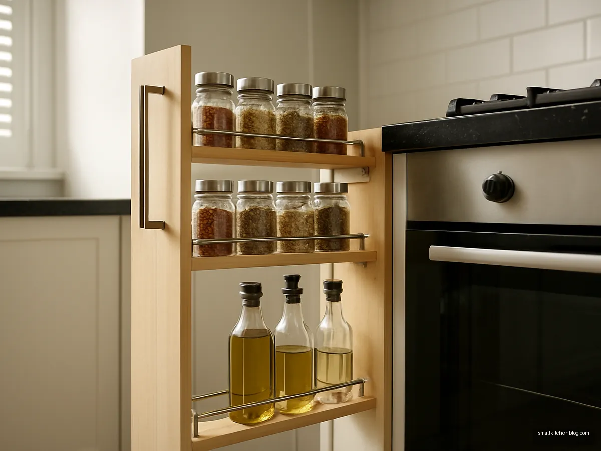 Narrow pull-out spice rack open beside the hob
