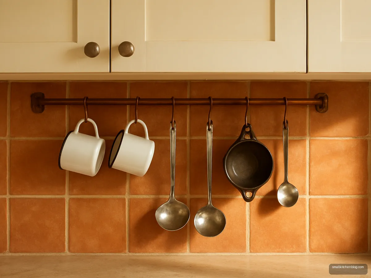 Copper rail with mugs and ladles hanging under cabinets