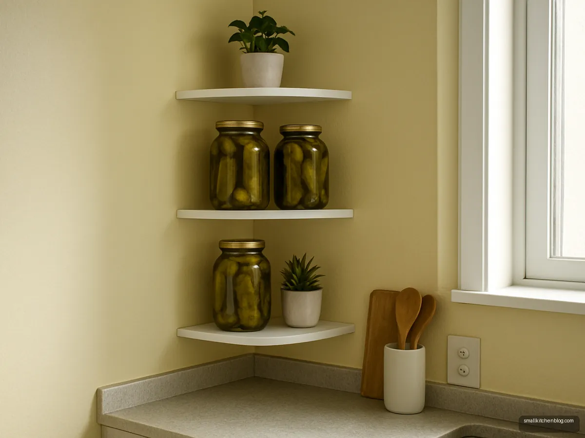 Triangular white corner shelves with pickle jars