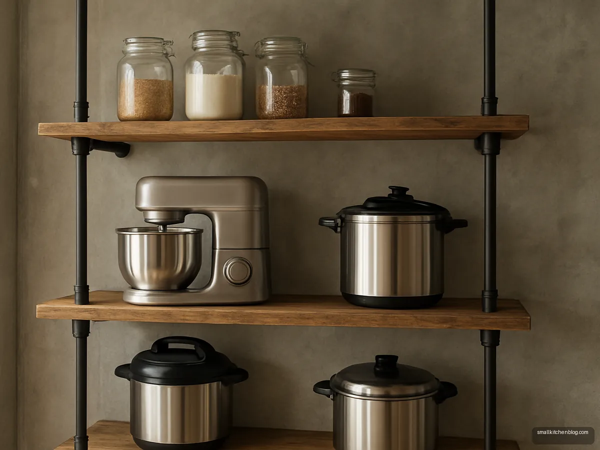 Black pipe and reclaimed wood kitchen shelf