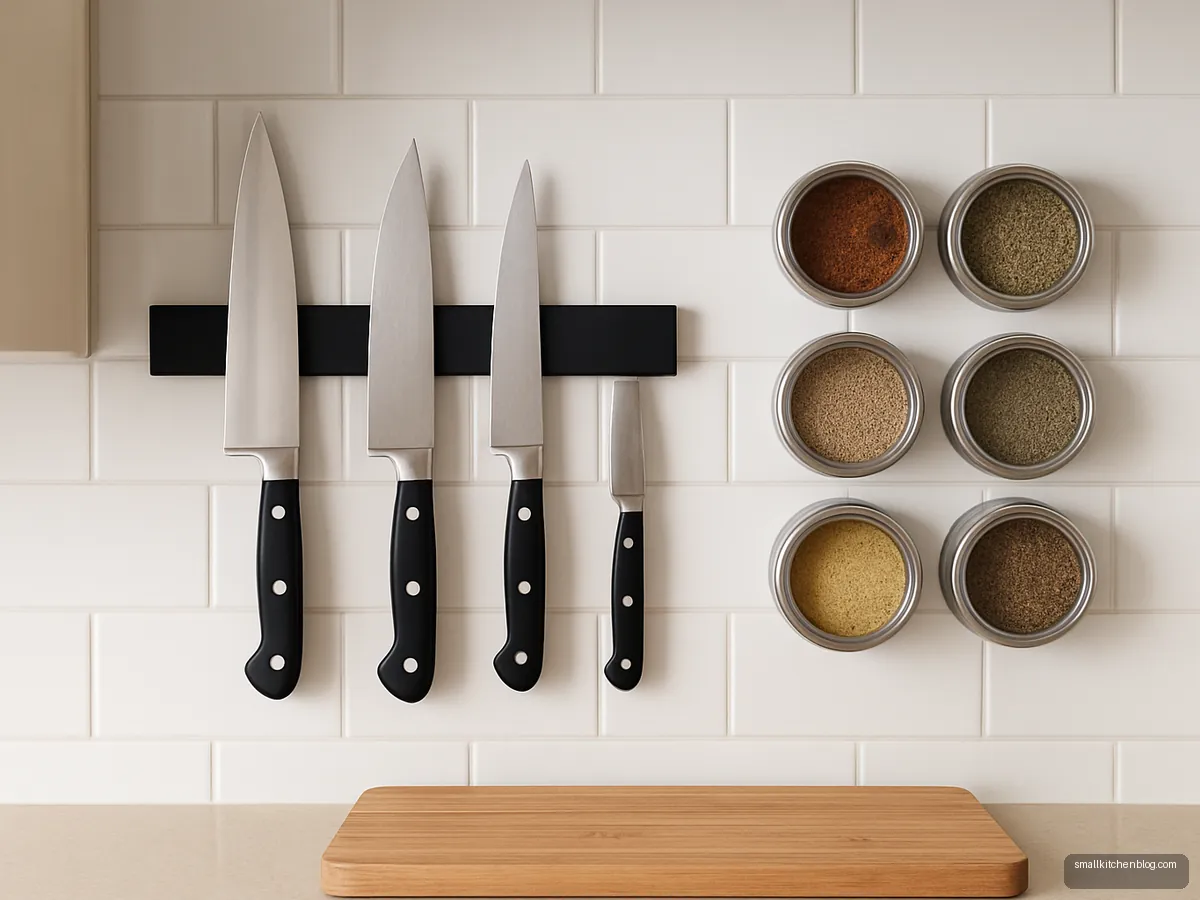 Magnetic strip with knives and steel spice tins