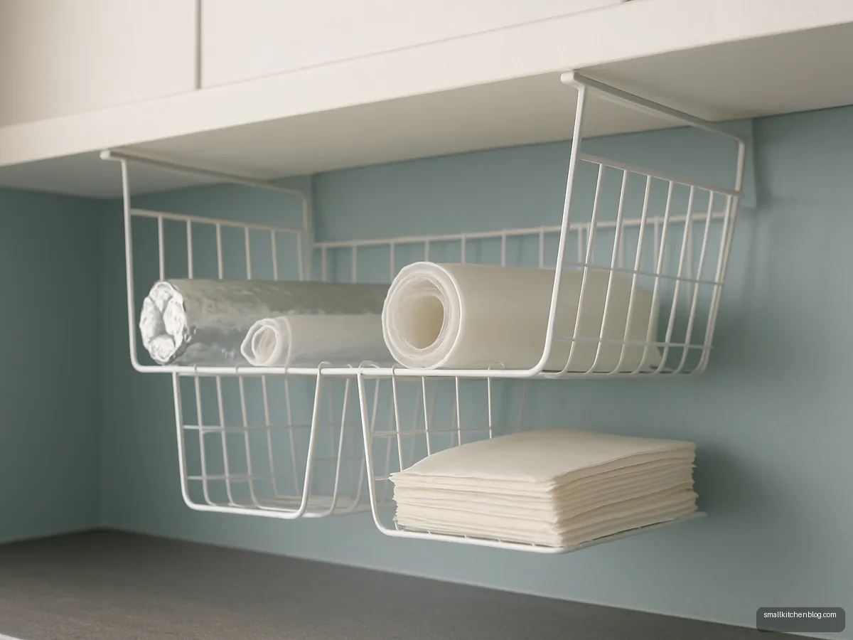 Wire baskets clipped under a kitchen shelf