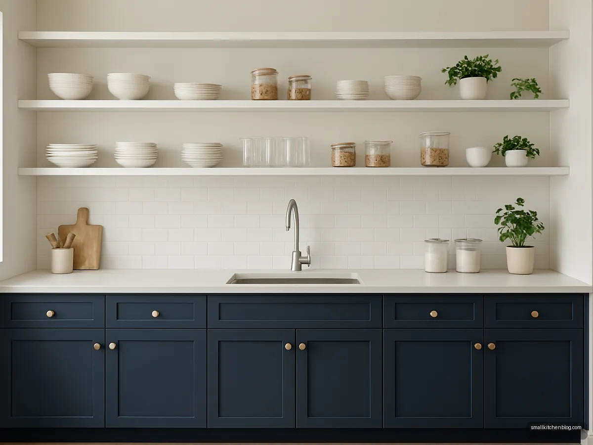 Kitchen wall with four rows of white open shelves