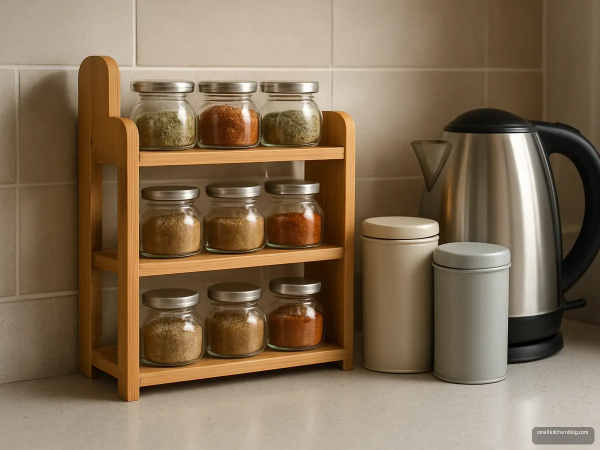 Bamboo tiered rack with masala jars on counter