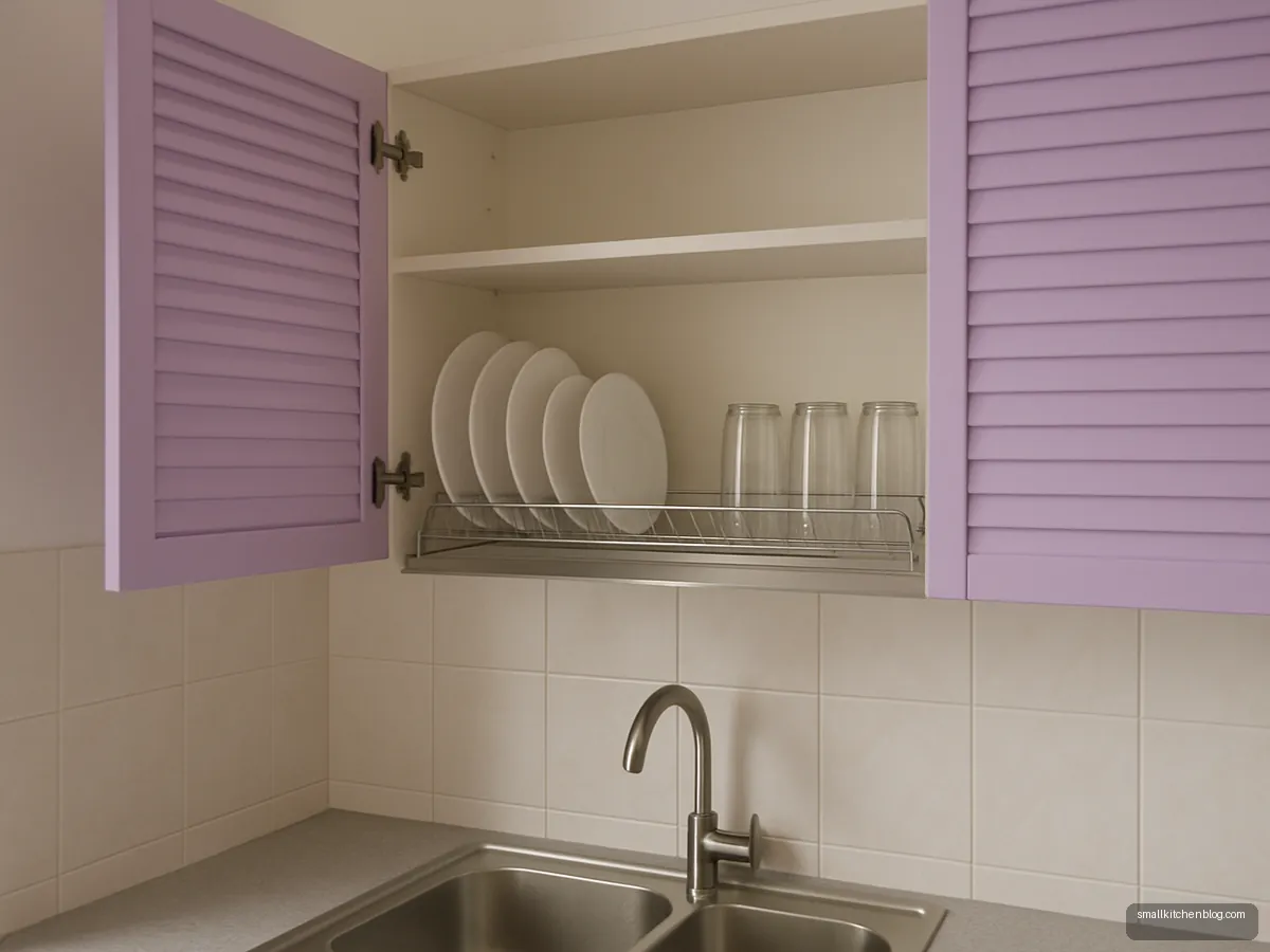 Dish drainer inside a lavender wall cabinet